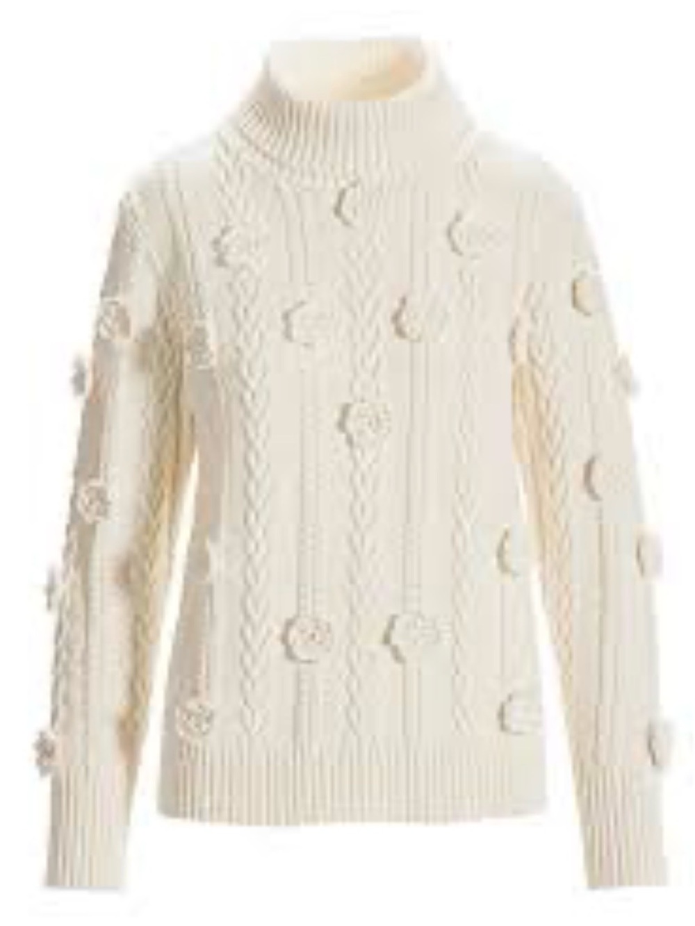 Boston Proper ivory Chenille Rosette Cable Knit Turtleneck Sweater